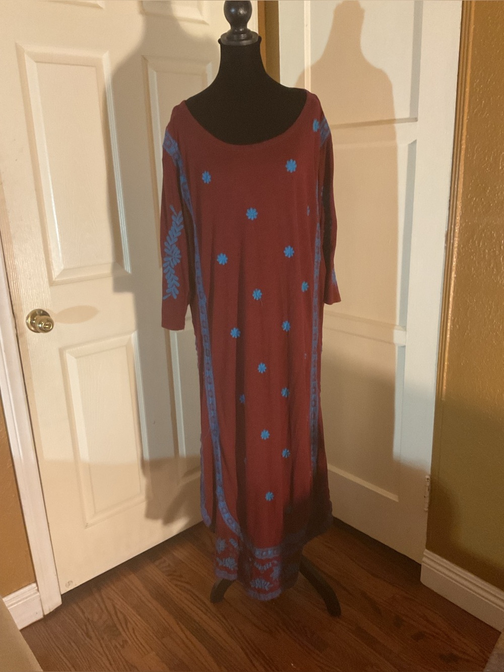 Women's Maroon Maxi Dress with Blue Embroidery size Large